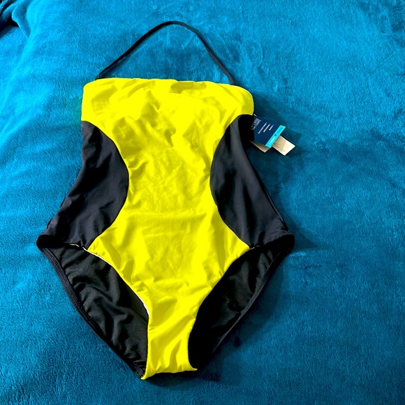 NWT Kenneth Cole Tummy Toner Black & Yellow Swimsuit Size Large - Picture 6 of 11